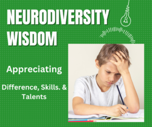 The idea of neurodiversity wisdom on a picture of a boy struggling with his studies that needs appreciation for his differences, skills and talents