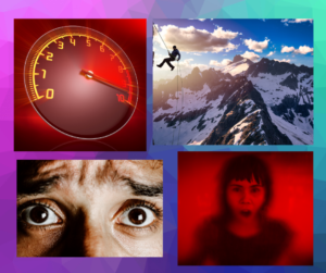 a frame with four colorful pictures suggesting a person having a nightmare with two shots of extremely alarmed people, one hanging from a mountainside, and of a pressure gauge in the red zone
