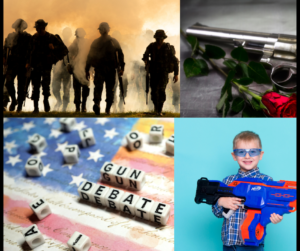 Four pictures in a frame of soldiers in a fogy battle scene, a gun with a rose, a game of scrabble with word gun debate on top of a flag, and a boy with a large toy water gun