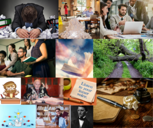 Collage of 13 pictures with theme of writer's block, and return to creative production and flow; one picture reminds to listen to your inner voice.