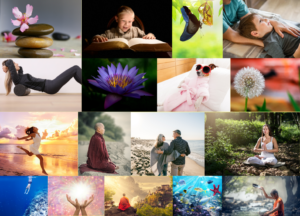 Collage with 15 pictures on the theme of holistic health and wellness, mindfulness, meditation, yoga, Buddhist practices, enlightenment, and becoming aware.
