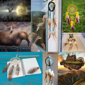 Collage of pictures of dream catchers from the Native American tradition and pictures representing dreams