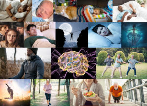A collage of picture about the sleep experience and ways to improve restorative sleep and health.