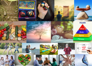 A collage of pictures representing the theme of Wise choosing & collaborating to ensure health & longevity and all being in balance.